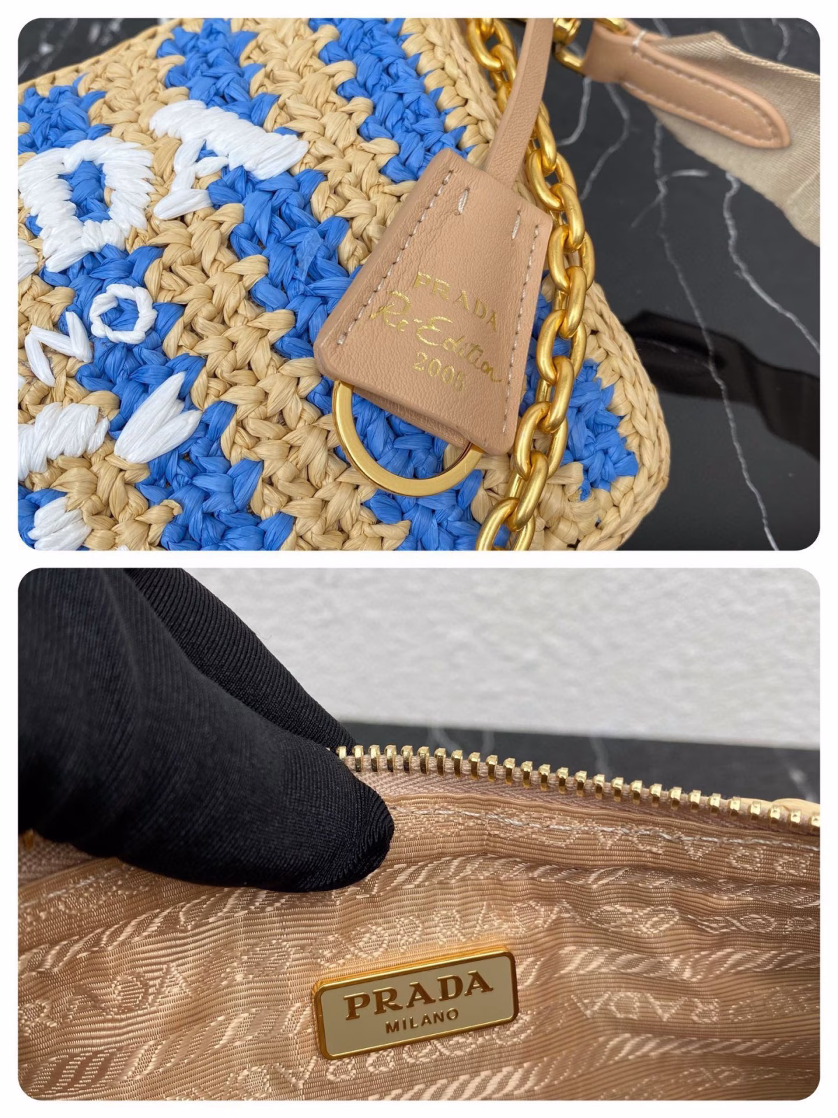 Prada Re-Edition 2005 Bag In Beige and Blue Stripe Raffia - Image 5
