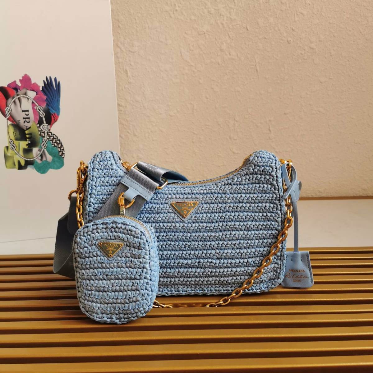 Prada Re-Edition 2005 Shoulder Bag In Blue Raffia - Image 6
