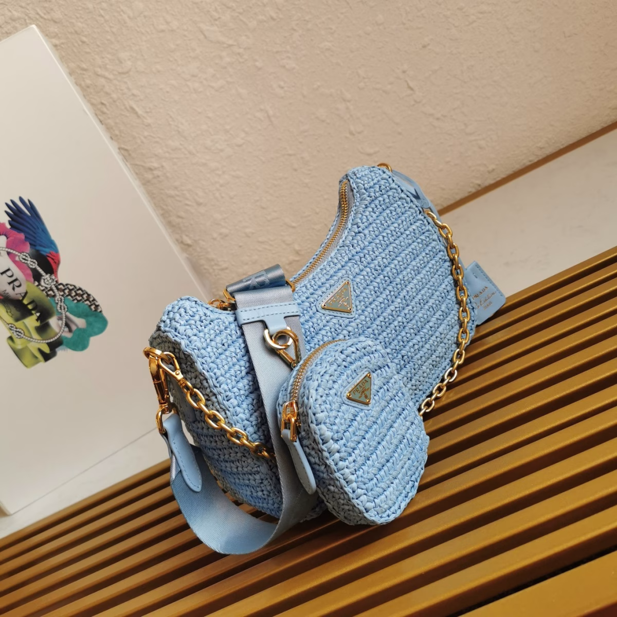 Prada Re-Edition 2005 Shoulder Bag In Blue Raffia - Image 7