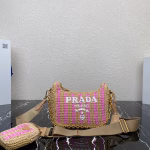 Prada Re-Edition 2005 Bag In Beige and Pink Stripe Raffia - Image 6