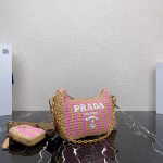Prada Re-Edition 2005 Bag In Beige and Pink Stripe Raffia - Image 8