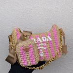 Prada Re-Edition 2005 Bag In Beige and Pink Stripe Raffia - Image 3