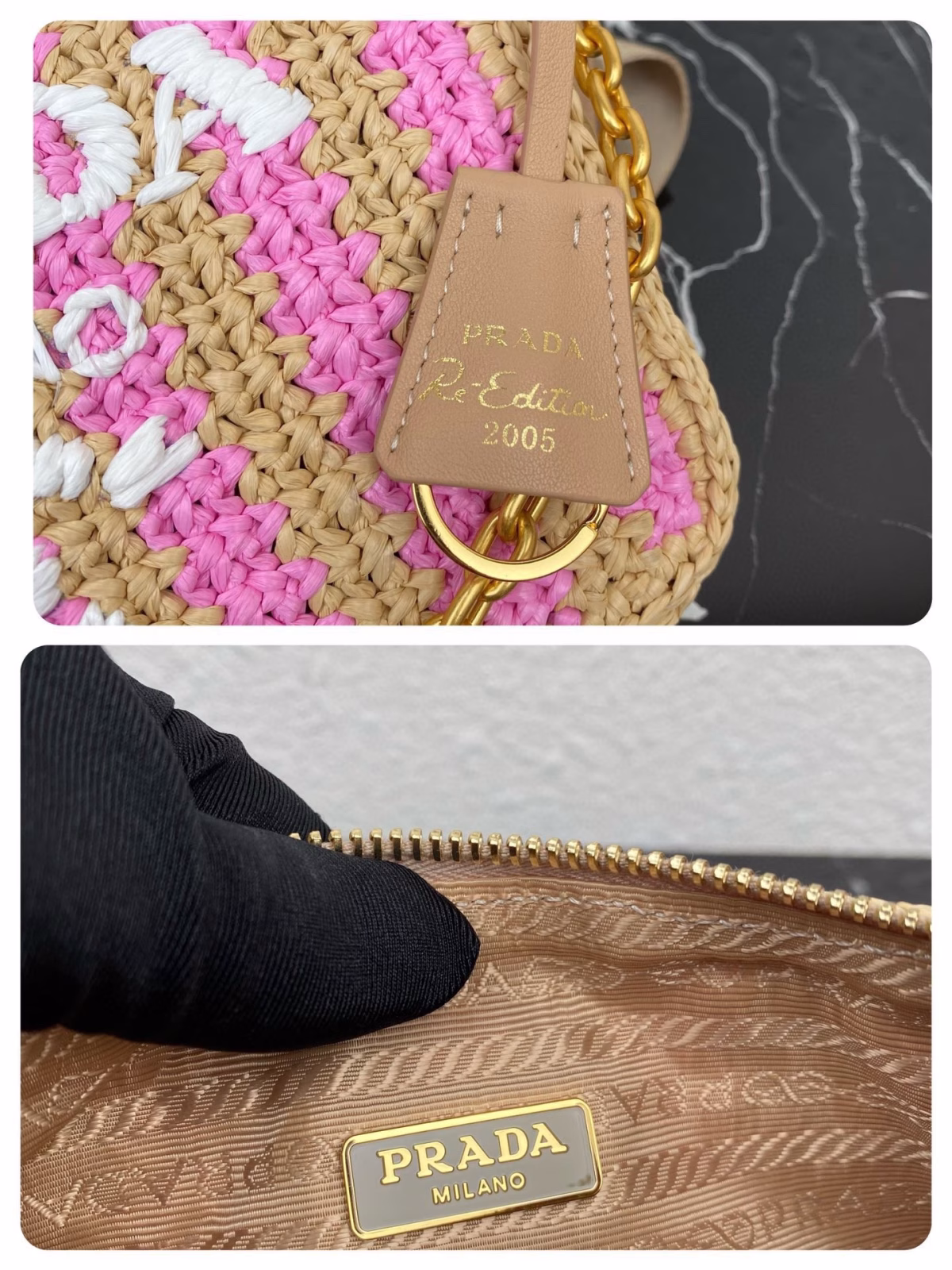 Prada Re-Edition 2005 Bag In Beige and Pink Stripe Raffia - Image 5