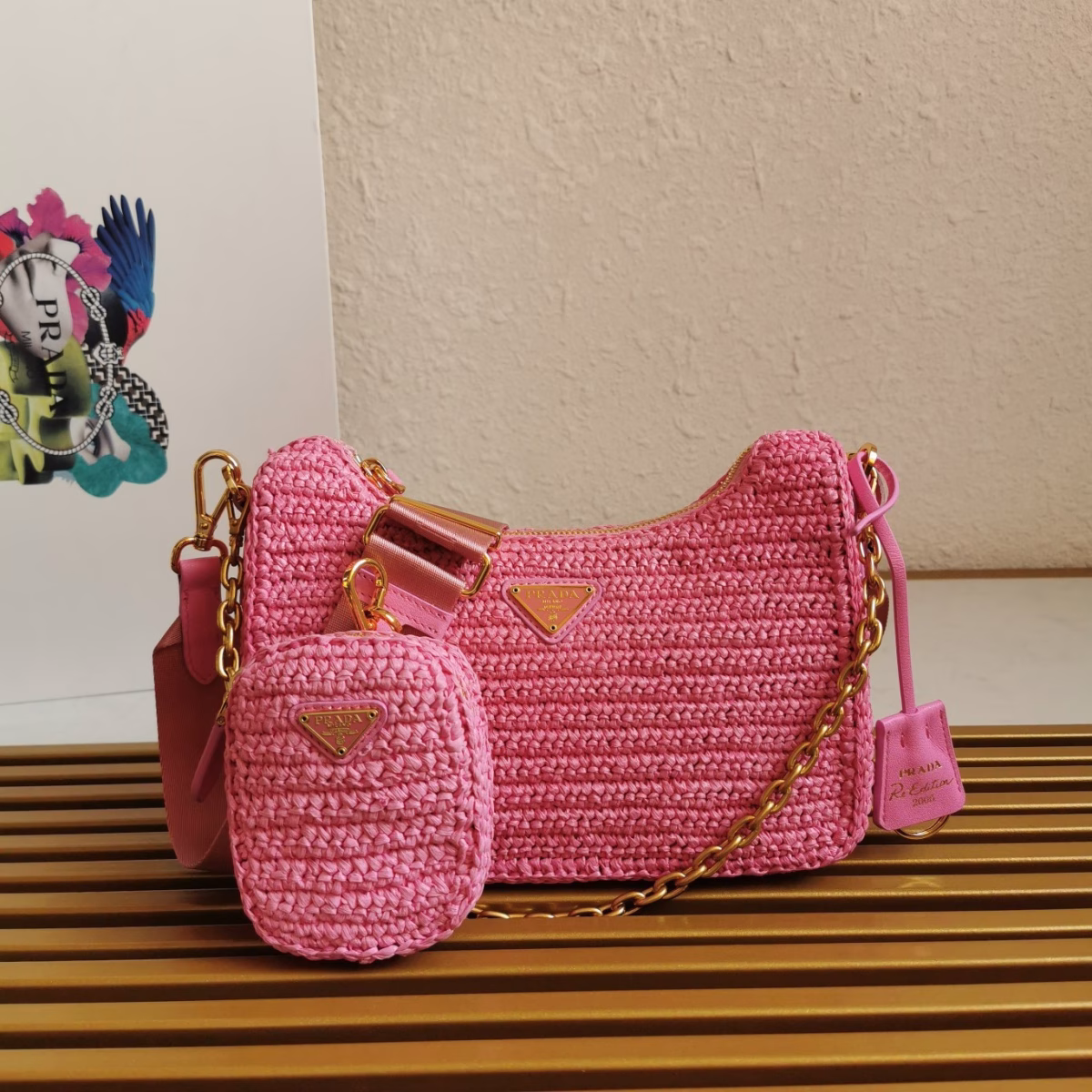 Prada Re-Edition 2005 Shoulder Bag In Pink Raffia - Image 6