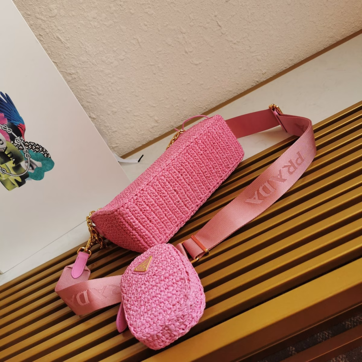 Prada Re-Edition 2005 Shoulder Bag In Pink Raffia - Image 8