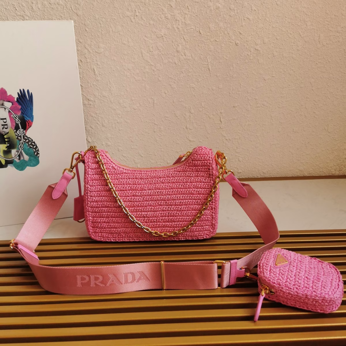 Prada Re-Edition 2005 Shoulder Bag In Pink Raffia - Image 9
