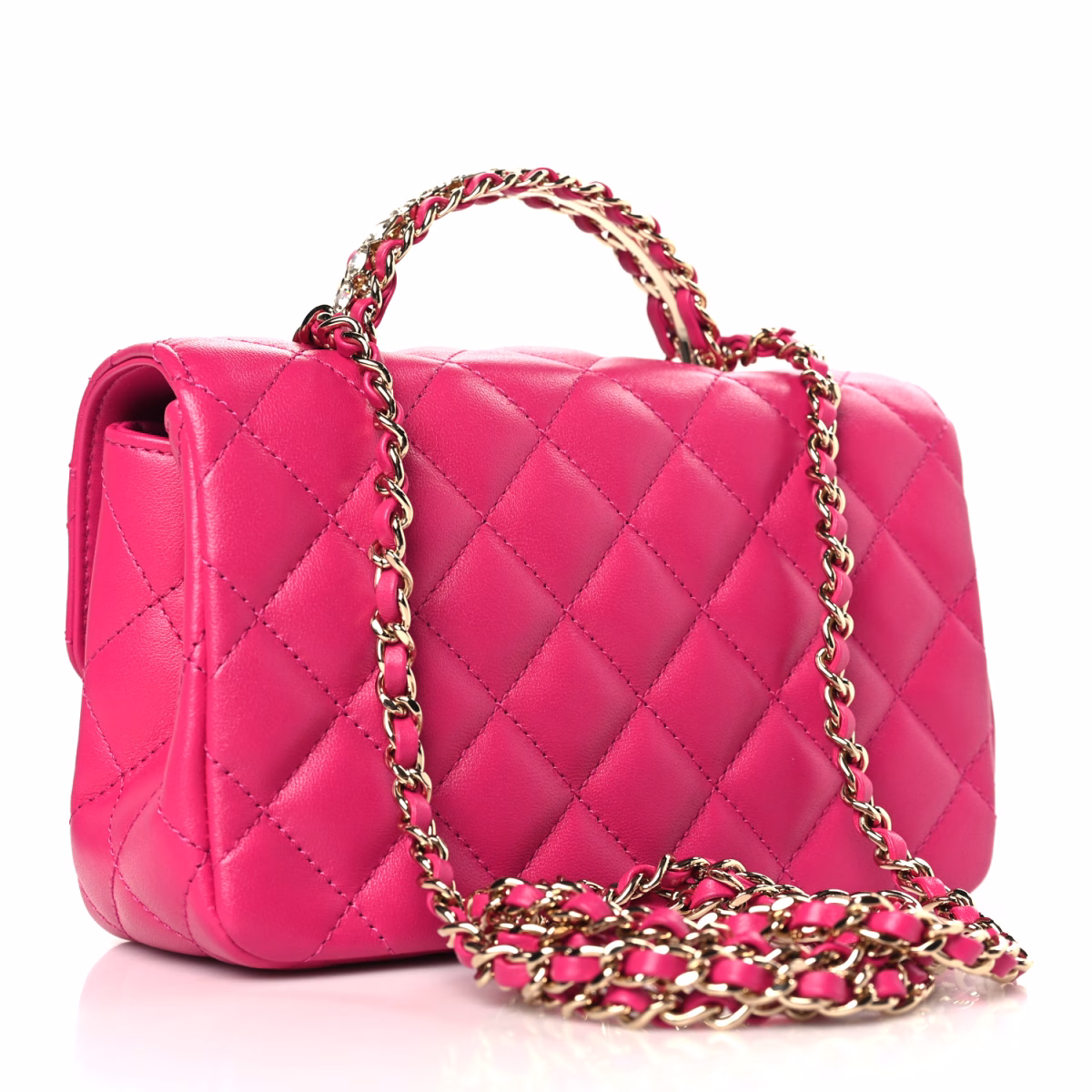 Lambskin Quilted Mini Crystal Top Handle Rectangular Flap Dark Pink - Image 3