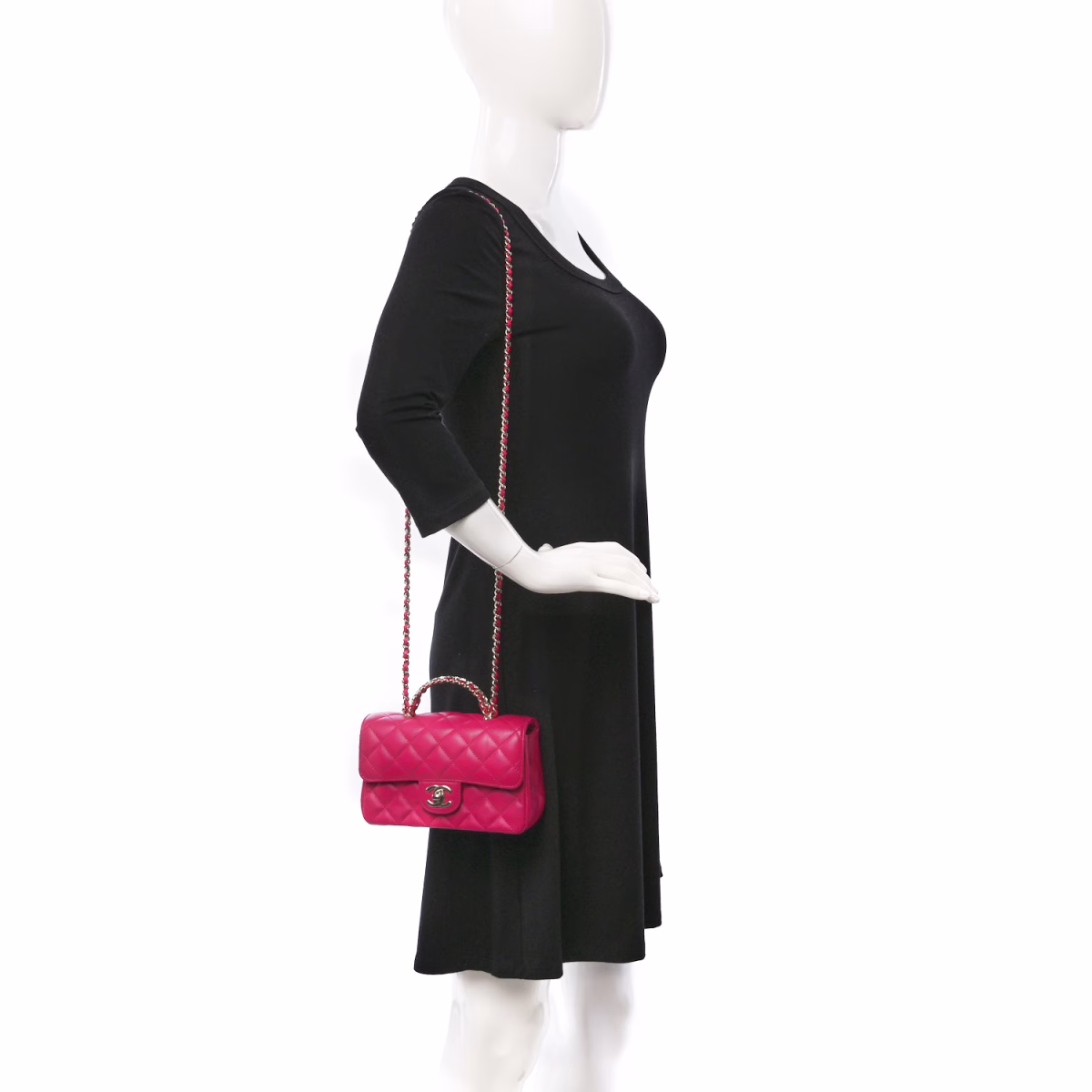 Lambskin Quilted Mini Crystal Top Handle Rectangular Flap Dark Pink - Image 9