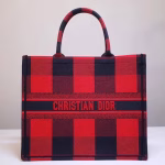 Dior Book Tote Bag In Red/Black Check Embroidered Canvas - Image 3