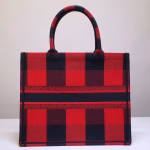 Dior Book Tote Bag In Red/Black Check Embroidered Canvas - Image 5