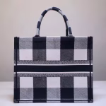 Dior Book Tote Bag In White/Black Check Embroidered Canvas - Image 5
