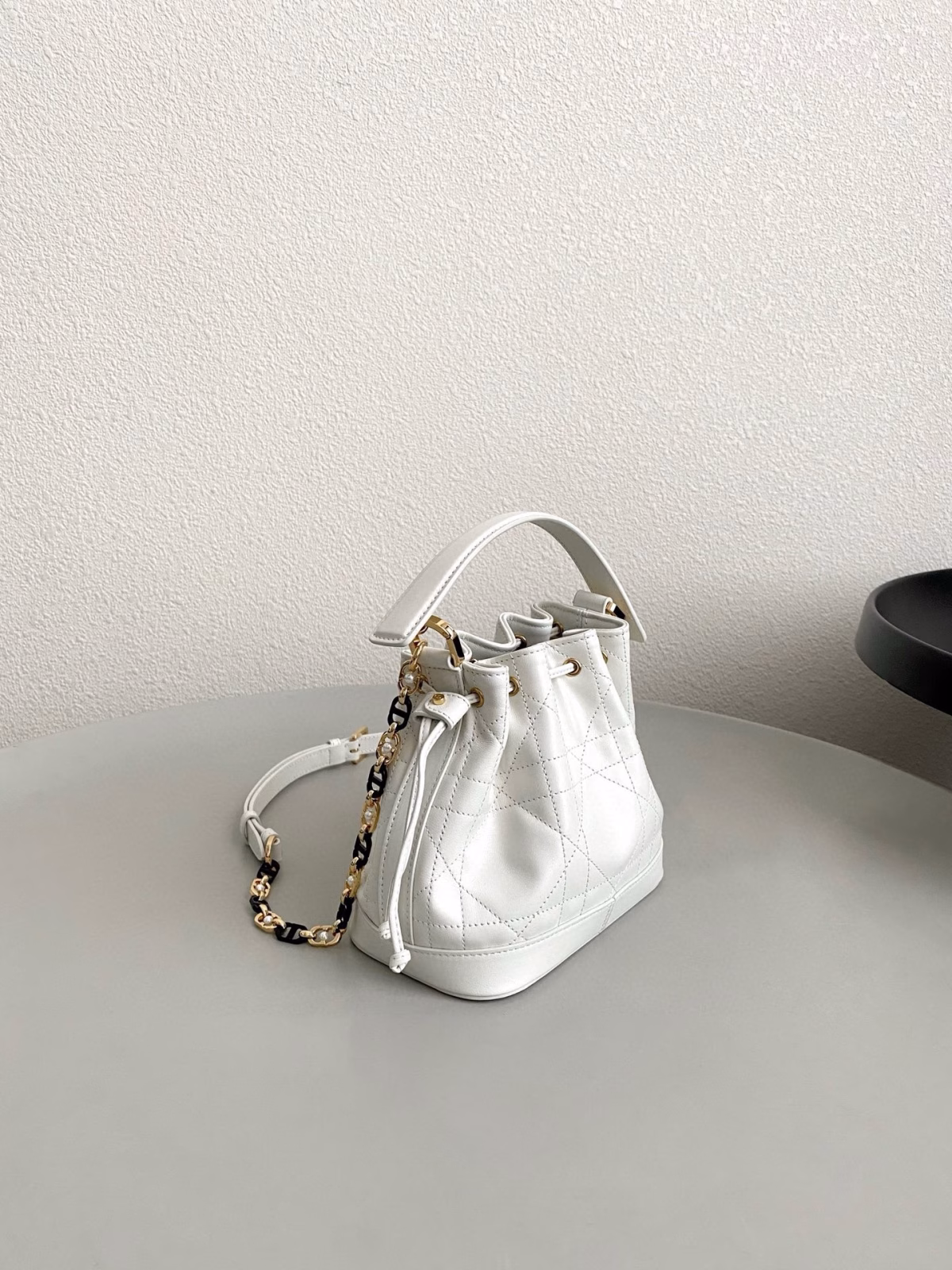 Dior Small Jolie Bucket Bag in White Macrocannage Lambskin - Image 7