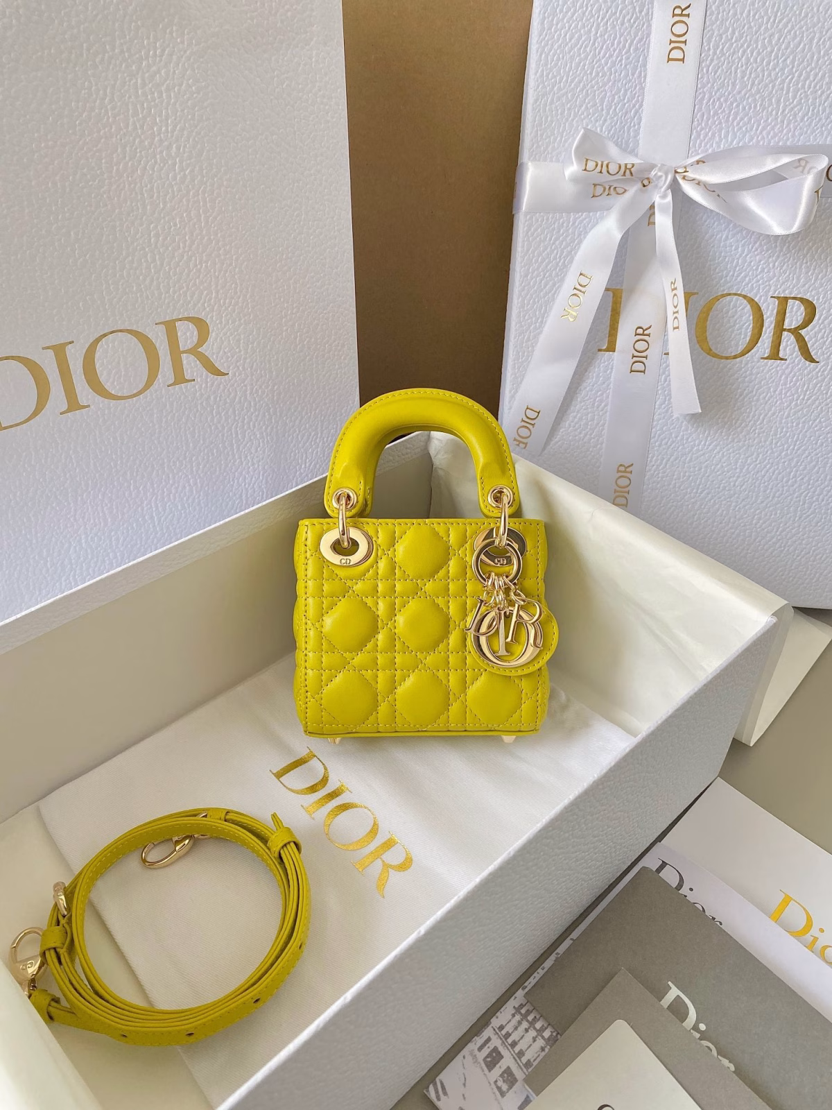 Dior Lady Dior Micro Bag In Yellow Cannage Lambskin - Image 6