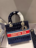 Dior Medium Lady D-Lite Bag In Blue Crocodile Embroidered Velvet - Image 6