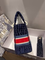 Dior Medium Lady D-Lite Bag In Blue Crocodile Embroidered Velvet - Image 7