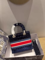 Dior Medium Lady D-Lite Bag In Blue Crocodile Embroidered Velvet - Image 3