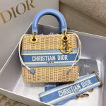 Dior Medium Lady Dior Bag In Wicker and Light Blue Oblique Jacquard - Image 3