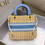 Dior Medium Lady Dior Bag In Wicker and Light Blue Oblique Jacquard - Image 4