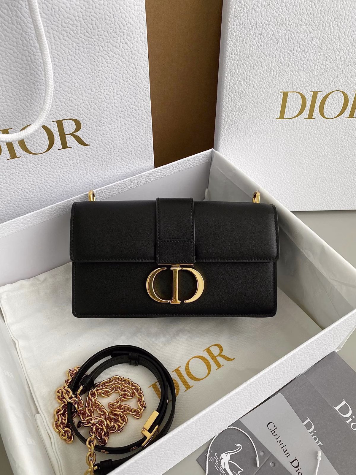 Dior 30 Montaigne East-West Bag with Chain in Black Calfskin - Image 6
