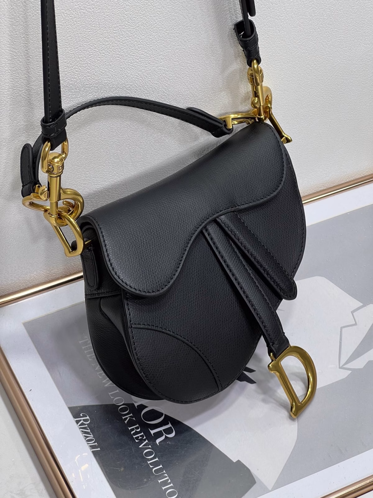 Dior Saddle Mini Bag with Strap in Black Grained Calfskin - Image 6