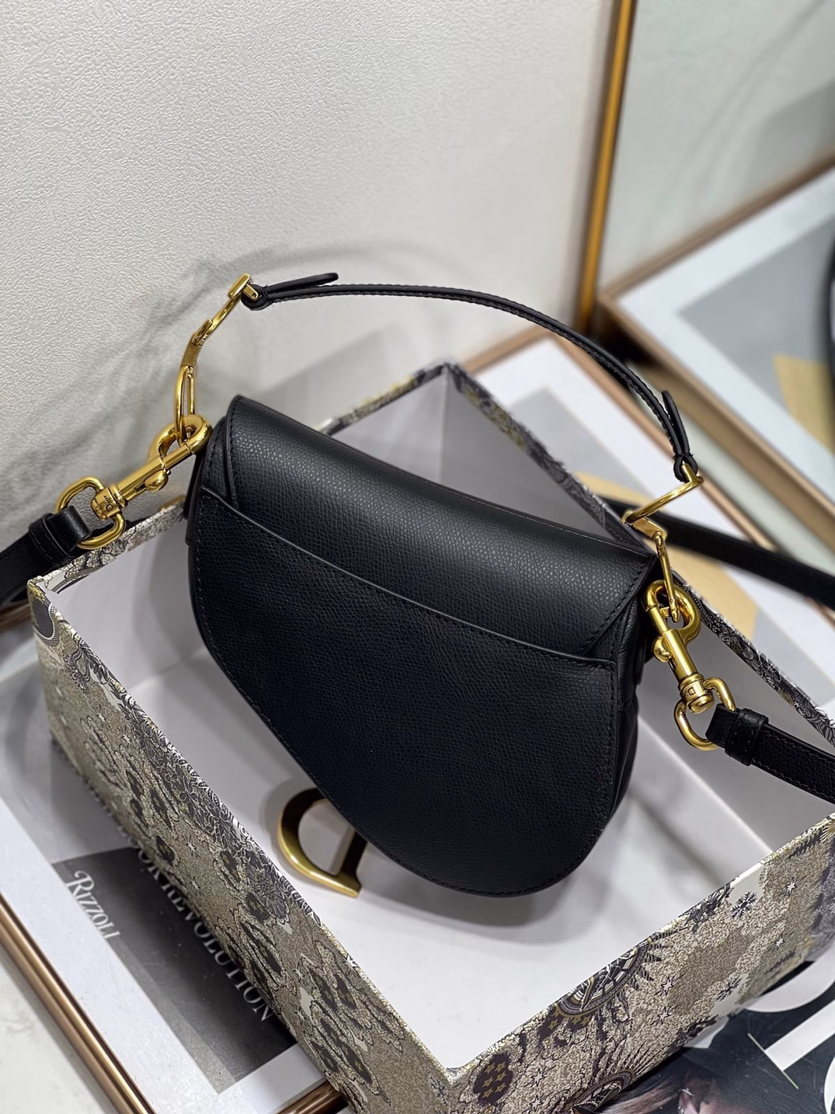 Dior Saddle Mini Bag with Strap in Black Grained Calfskin - Image 2