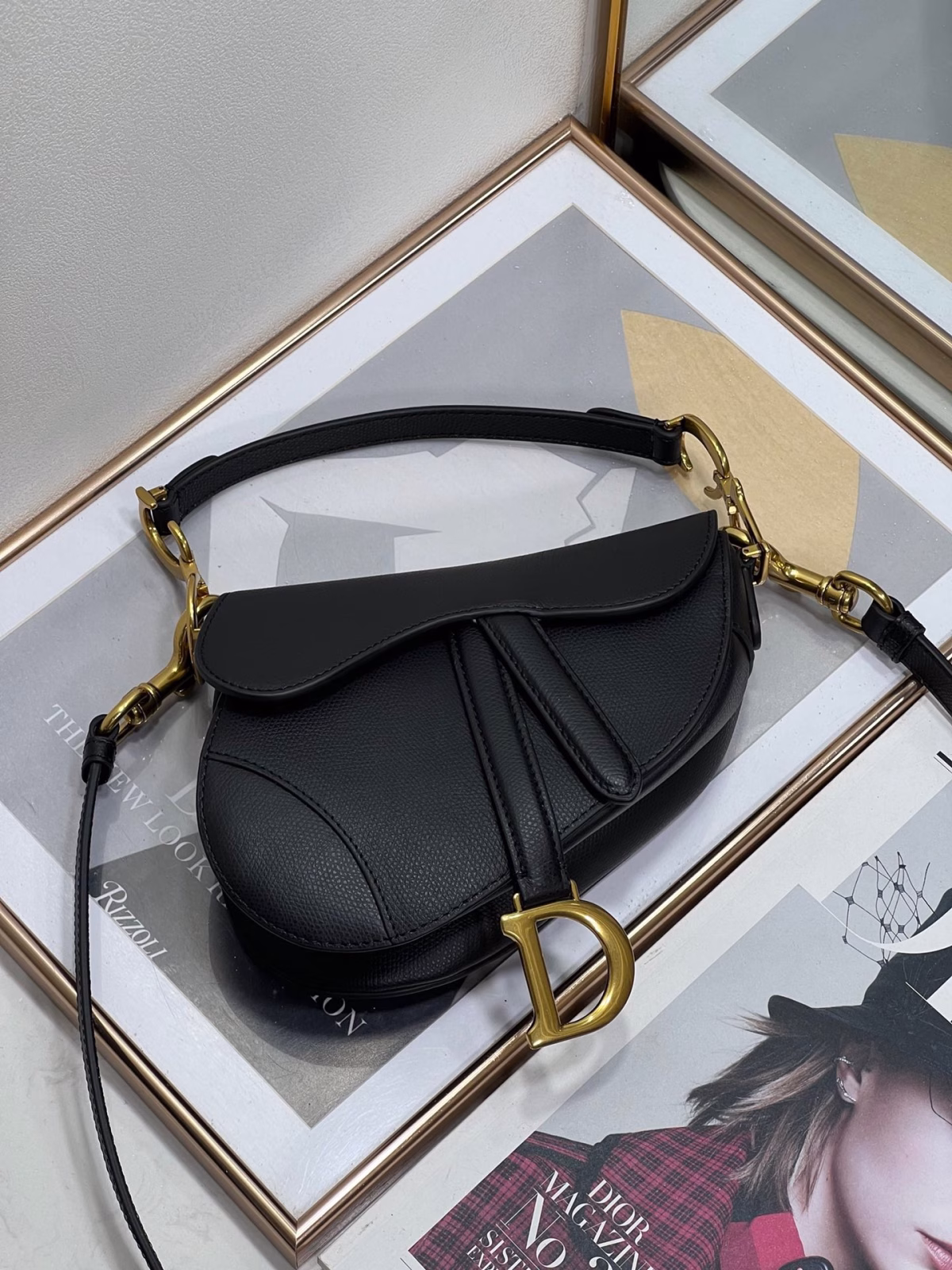 Dior Saddle Mini Bag with Strap in Black Grained Calfskin - Image 3