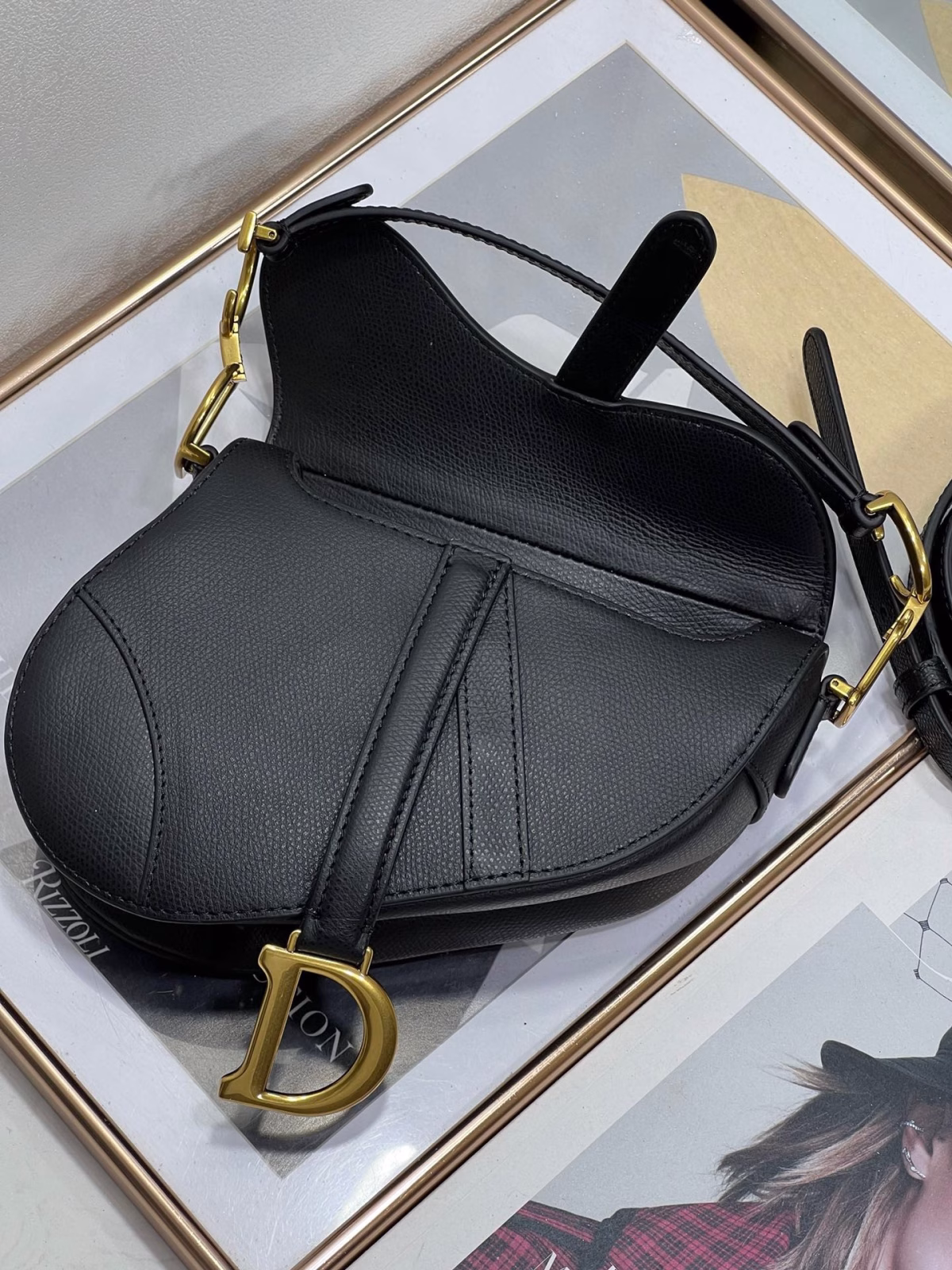 Dior Saddle Mini Bag with Strap in Black Grained Calfskin - Image 4