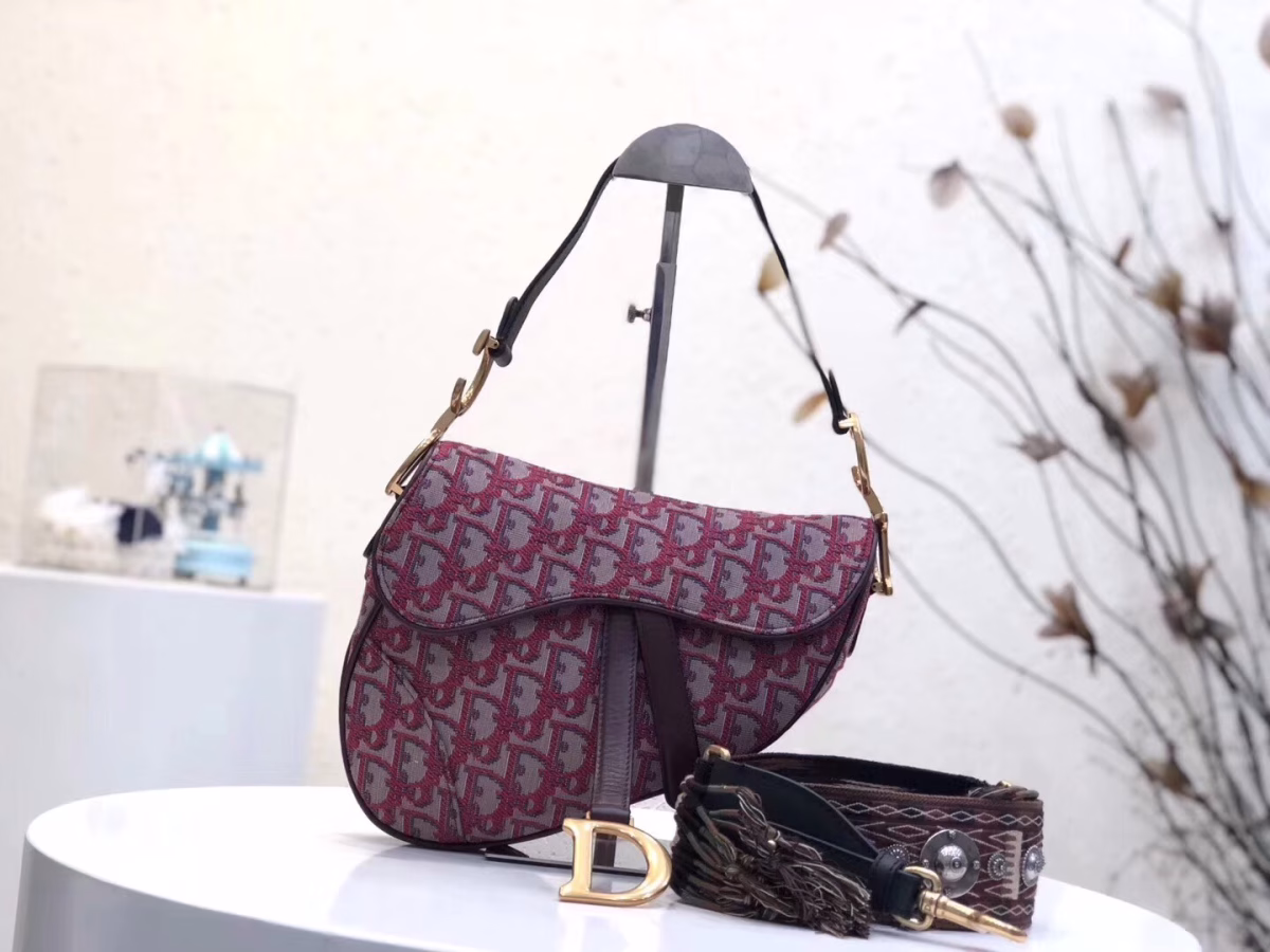 Dior Saddle Bag In Bordeaux Oblique Jacquard Canvas - Image 7