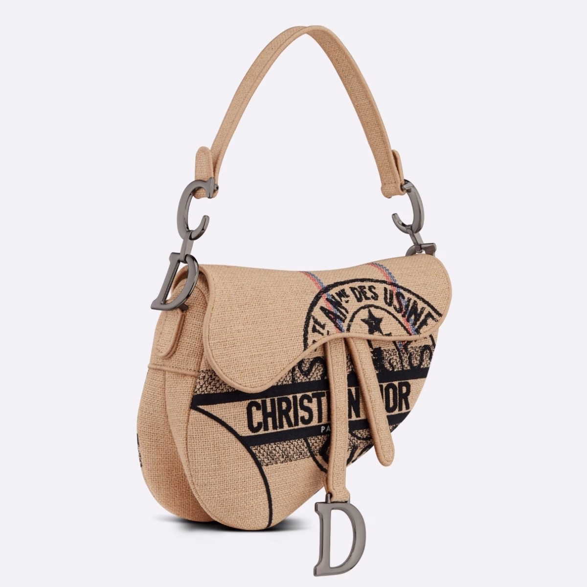 Dior Saddle Bag In Beige Jute Canvas with Dior Union Motif - Image 1