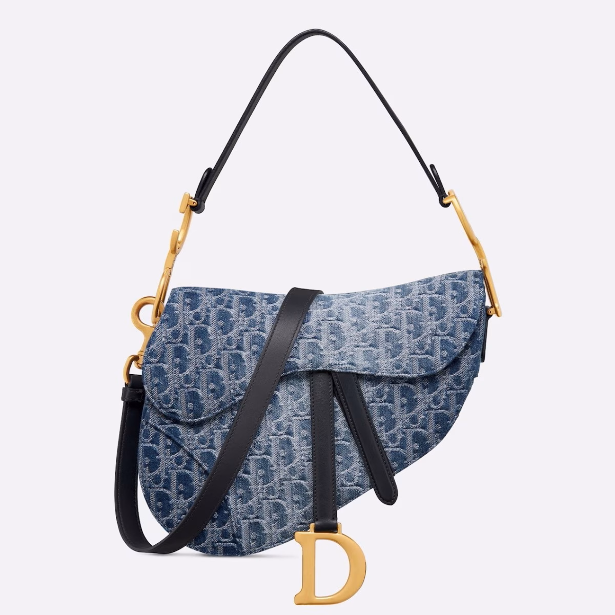 Dior Saddle Bag with Strap in Blue Denim Oblique Jacquard - Image 1