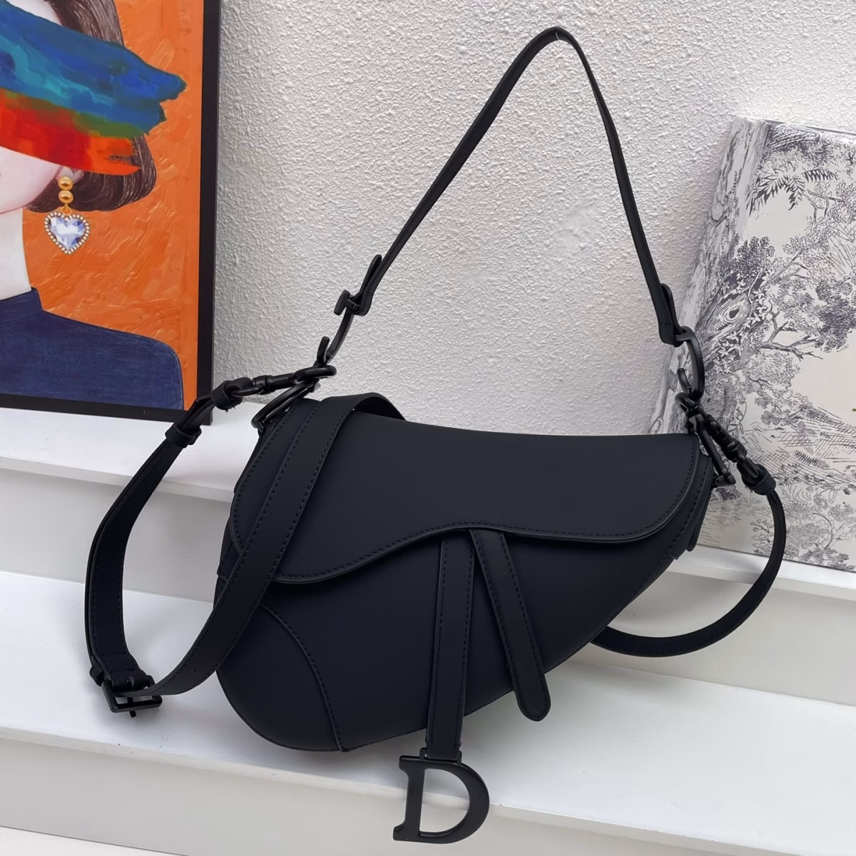 Dior Saddle Bag with Strap in Black Ultramatte Calfskin - Image 10
