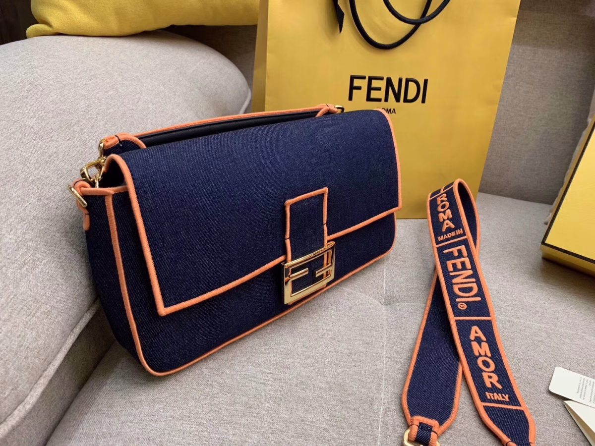Fendi Large Baguette Bag In Blue Denim With Orange Trim - Image 4