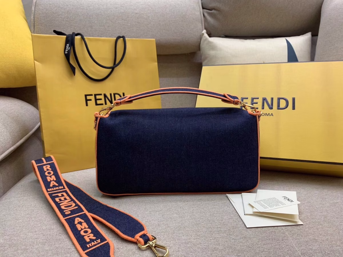 Fendi Large Baguette Bag In Blue Denim With Orange Trim - Image 7