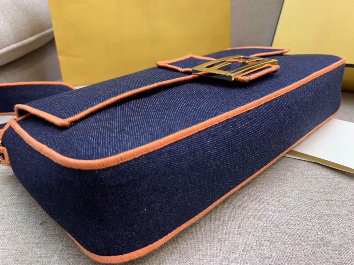 Fendi Large Baguette Bag In Blue Denim With Orange Trim - Image 8