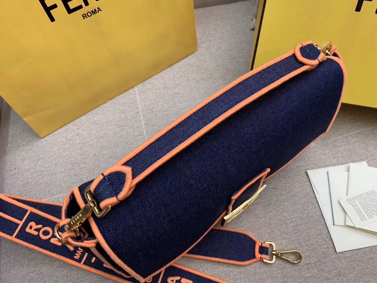 Fendi Large Baguette Bag In Blue Denim With Orange Trim - Image 5