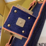 Fendi Large Baguette Bag In Blue Denim With Orange Trim - Image 6