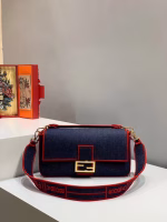 Fendi Large Baguette Bag In Blue Denim With Red Trim - Image 7