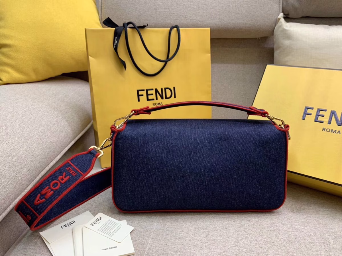 Fendi Large Baguette Bag In Blue Denim With Red Trim - Image 6