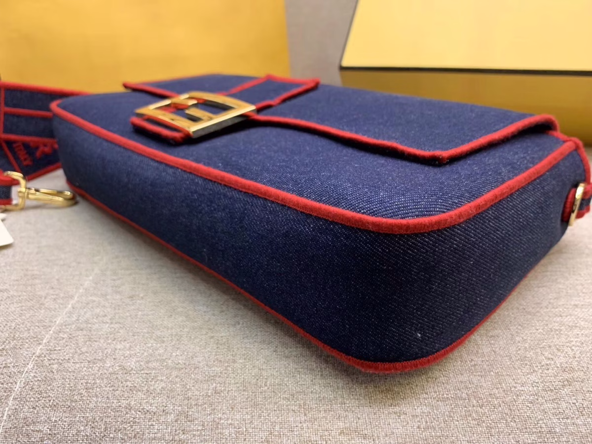 Fendi Large Baguette Bag In Blue Denim With Red Trim - Image 5