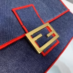 Fendi Large Baguette Bag In Blue Denim With Red Trim - Image 2