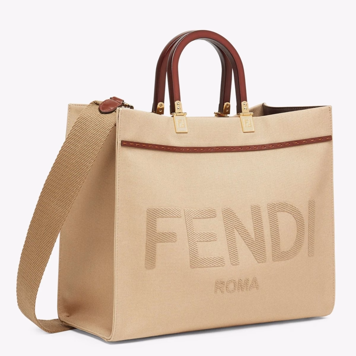Fendi Sunshine Medium Shopper Bag In Beige Canvas - Image 1