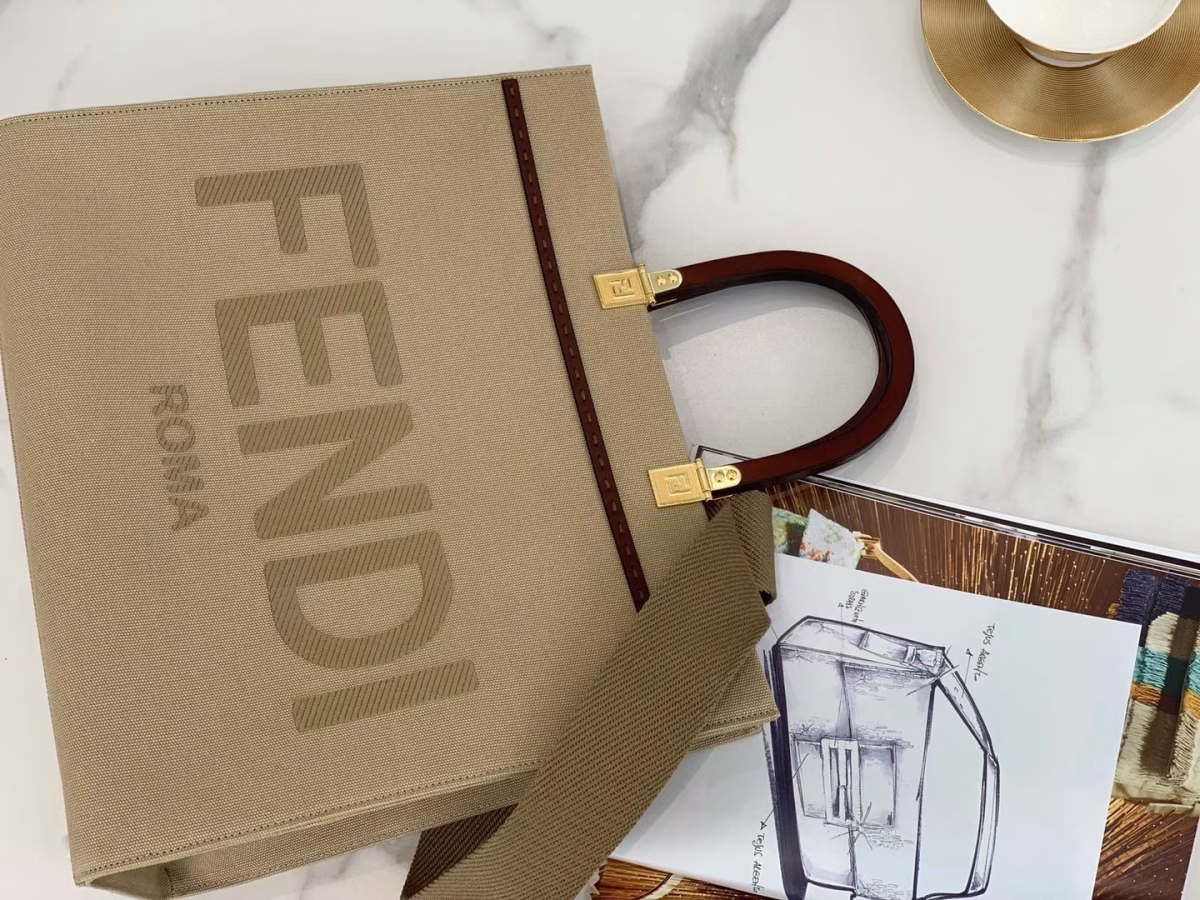 Fendi Sunshine Medium Shopper Bag In Beige Canvas - Image 5