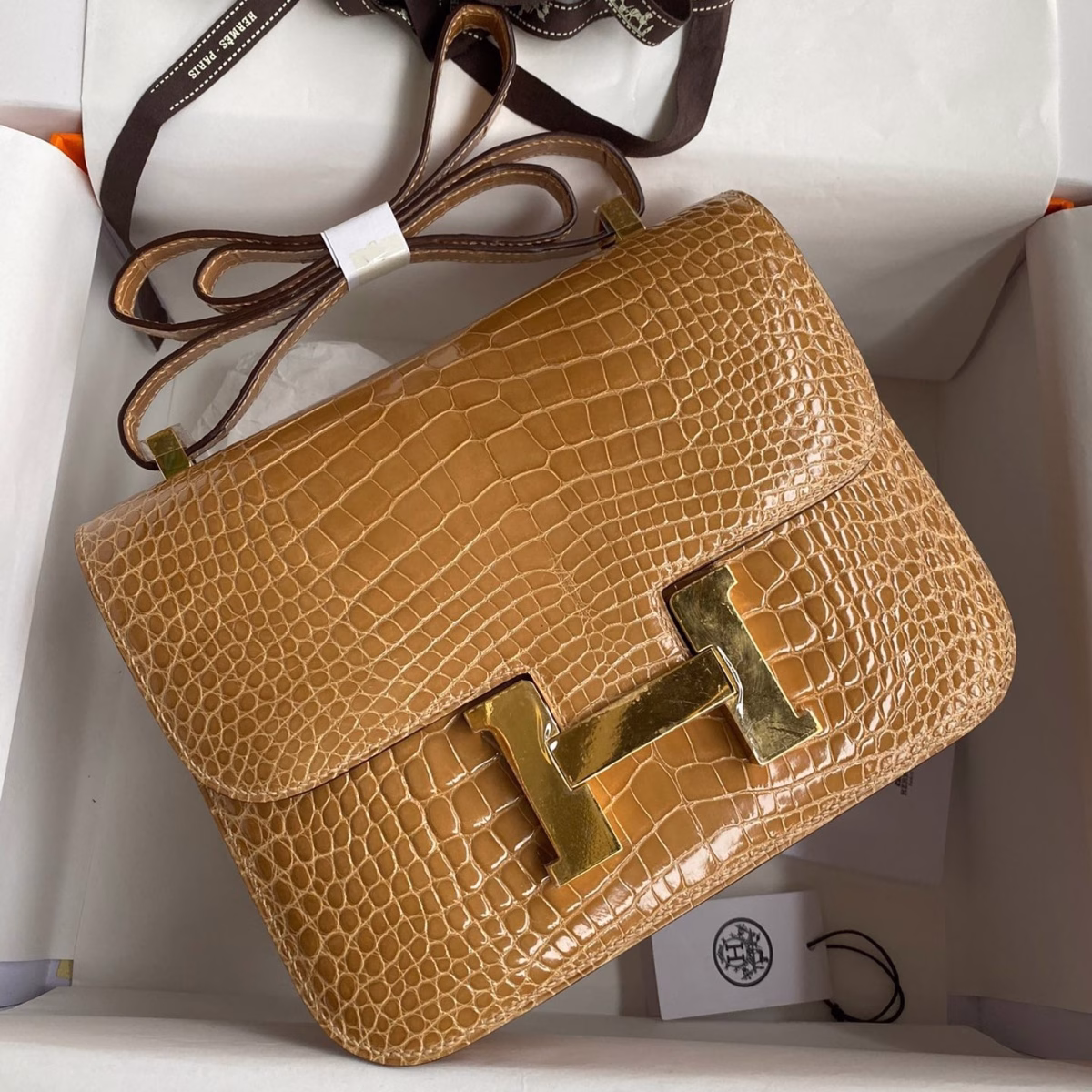 Hermes Constance 24 Handmade Bag In Beige Shiny Alligator Leather - Image 1