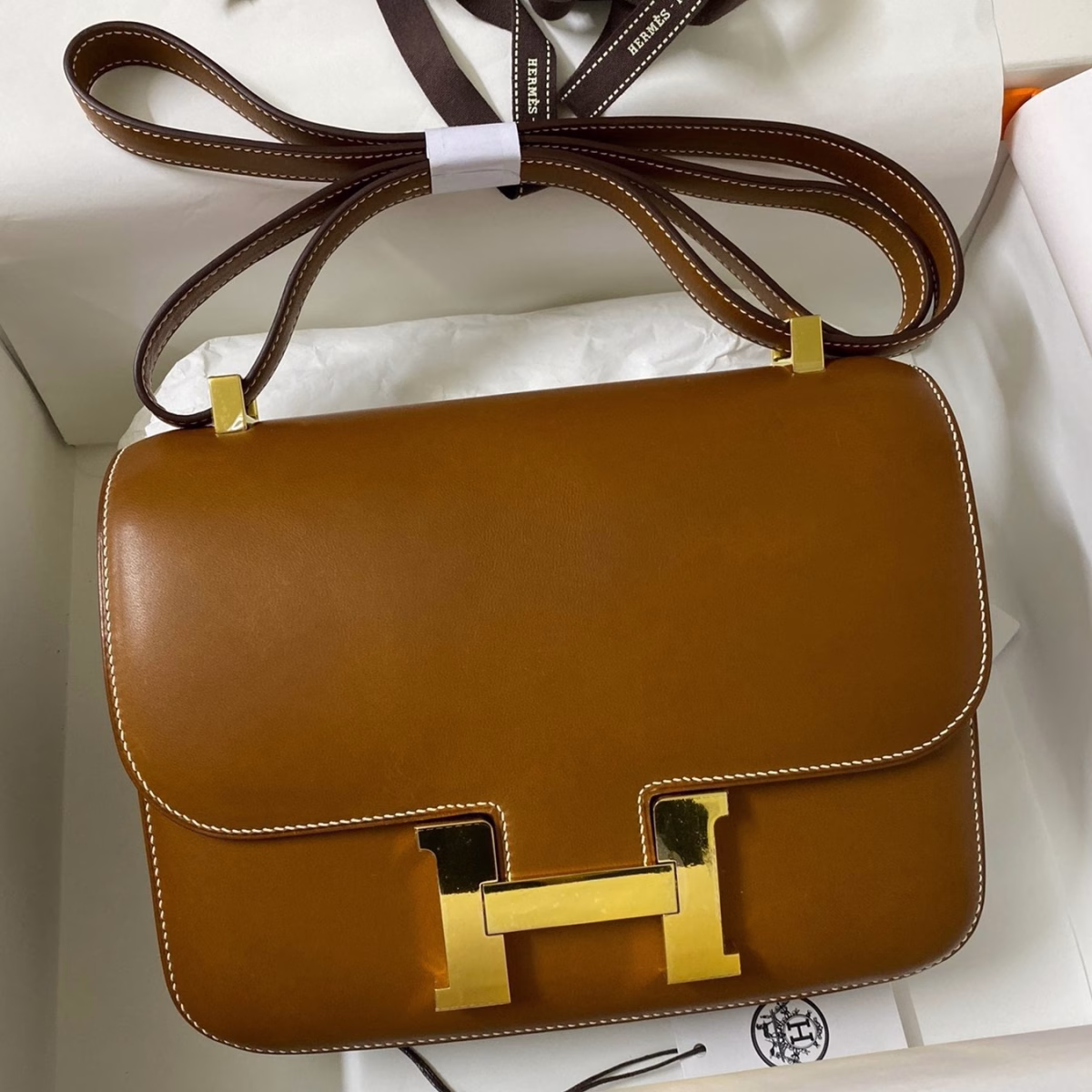 Hermes Constance 24 Handmade Bag In Gold Barenia Calfskin - Image 1