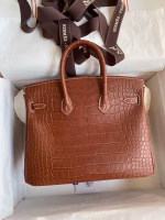 Hermes Birkin 25 Retourne Handmade Bag In Gold Matte Alligator Leather - Image 6