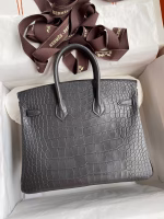 Hermes Birkin 25 Retourne Handmade Bag In Graphite Matte Alligator Leather - Image 6