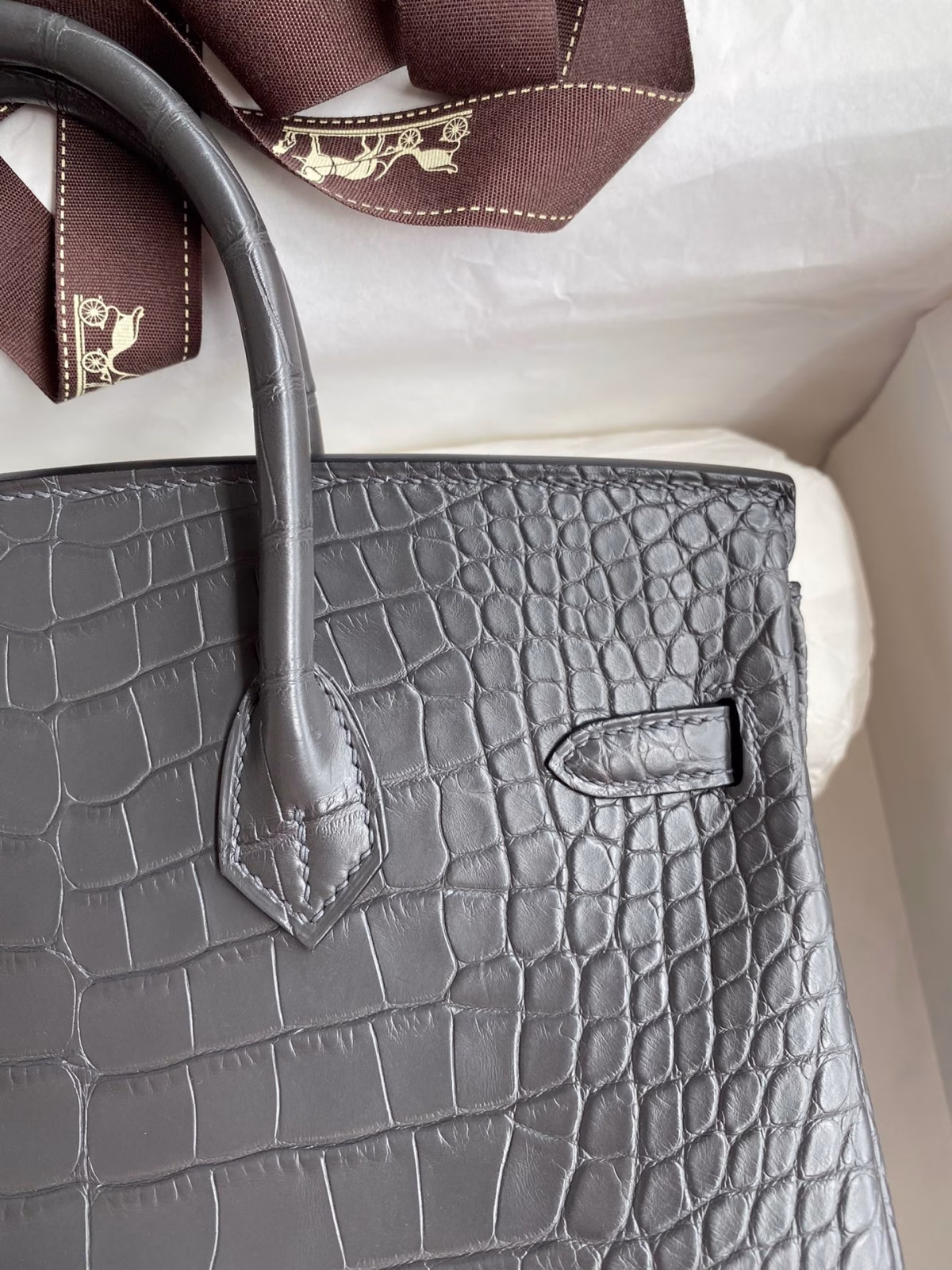 Hermes Birkin 25 Retourne Handmade Bag In Graphite Matte Alligator Leather - Image 8