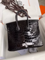 Hermes Birkin 25 Retourne Handmade Bag In Black Shiny Alligator Leather - Image 6
