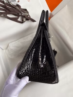 Hermes Birkin 25 Retourne Handmade Bag In Black Shiny Alligator Leather - Image 8