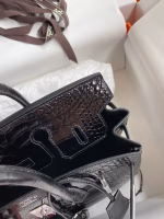 Hermes Birkin 25 Retourne Handmade Bag In Black Shiny Alligator Leather - Image 4